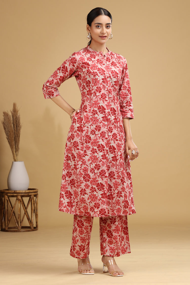 Peach Floral Printed Cotton Straight Co ord Set