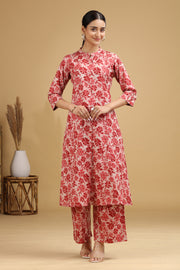 Peach Floral Printed Cotton Straight Co ord Set