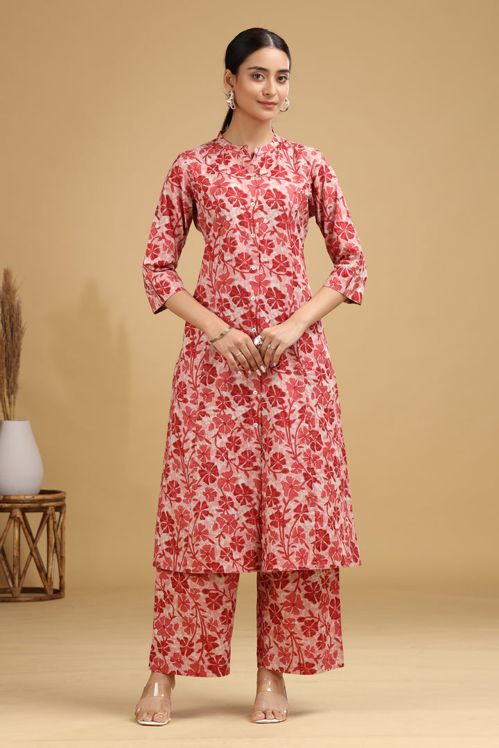Peach Floral Printed Cotton Straight Co ord Set