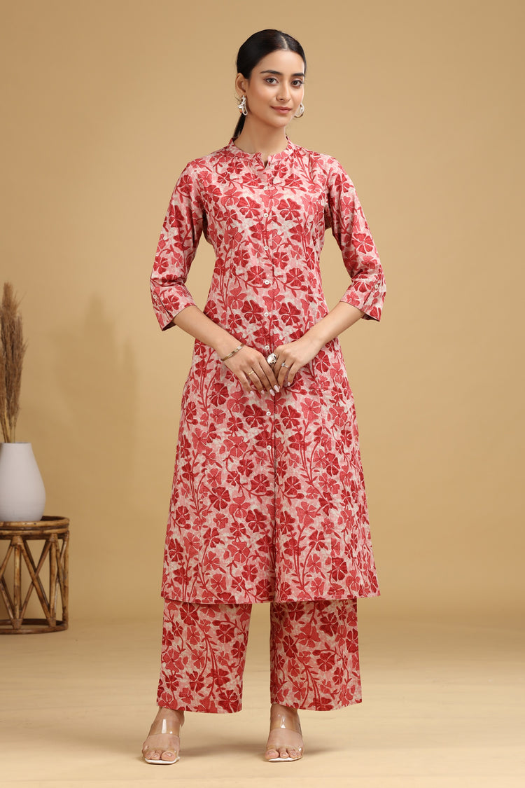 Peach Floral Printed Cotton Straight Co ord Set