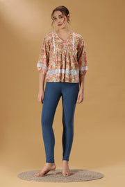 Peach Printed Jaipuri Cotton Flared Short kurta for women