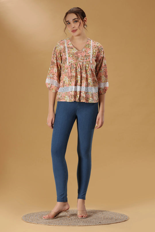 Peach Printed Jaipuri Cotton Flared Short kurta for women