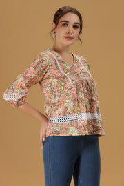 Peach Printed Jaipuri Cotton Flared Short kurta for women