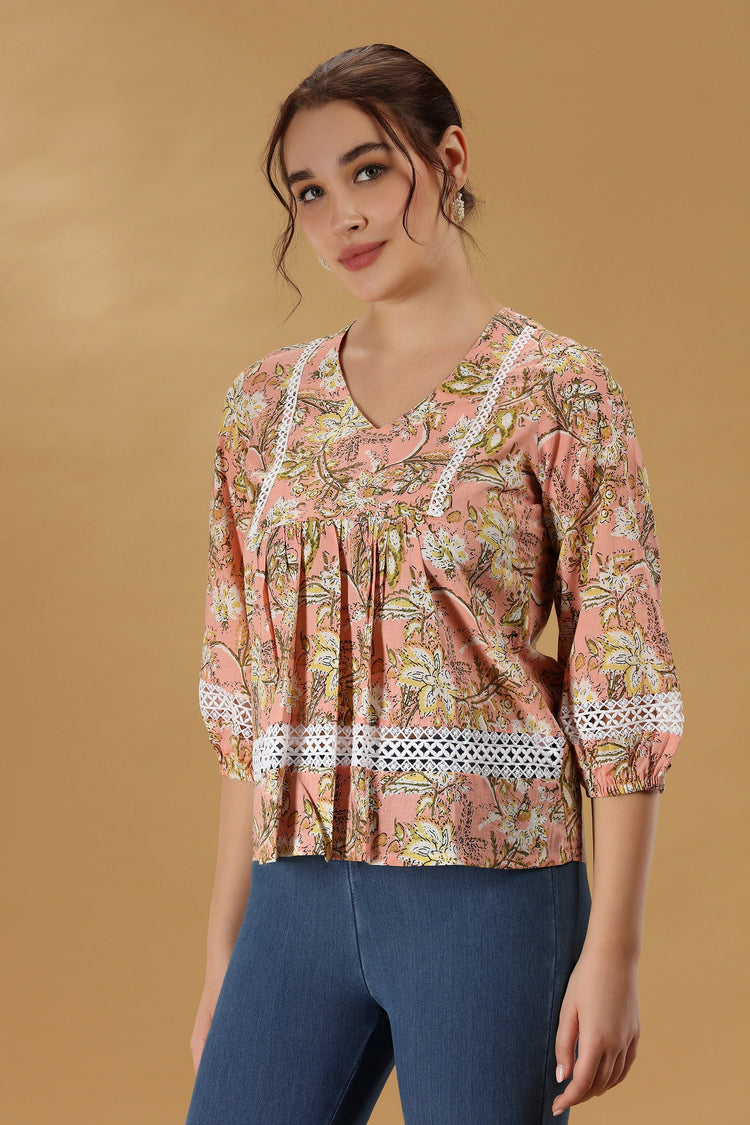 Peach Printed Jaipuri Cotton Flared Short kurta for women