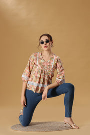 Peach Printed Jaipuri Cotton Flared Short kurta for women