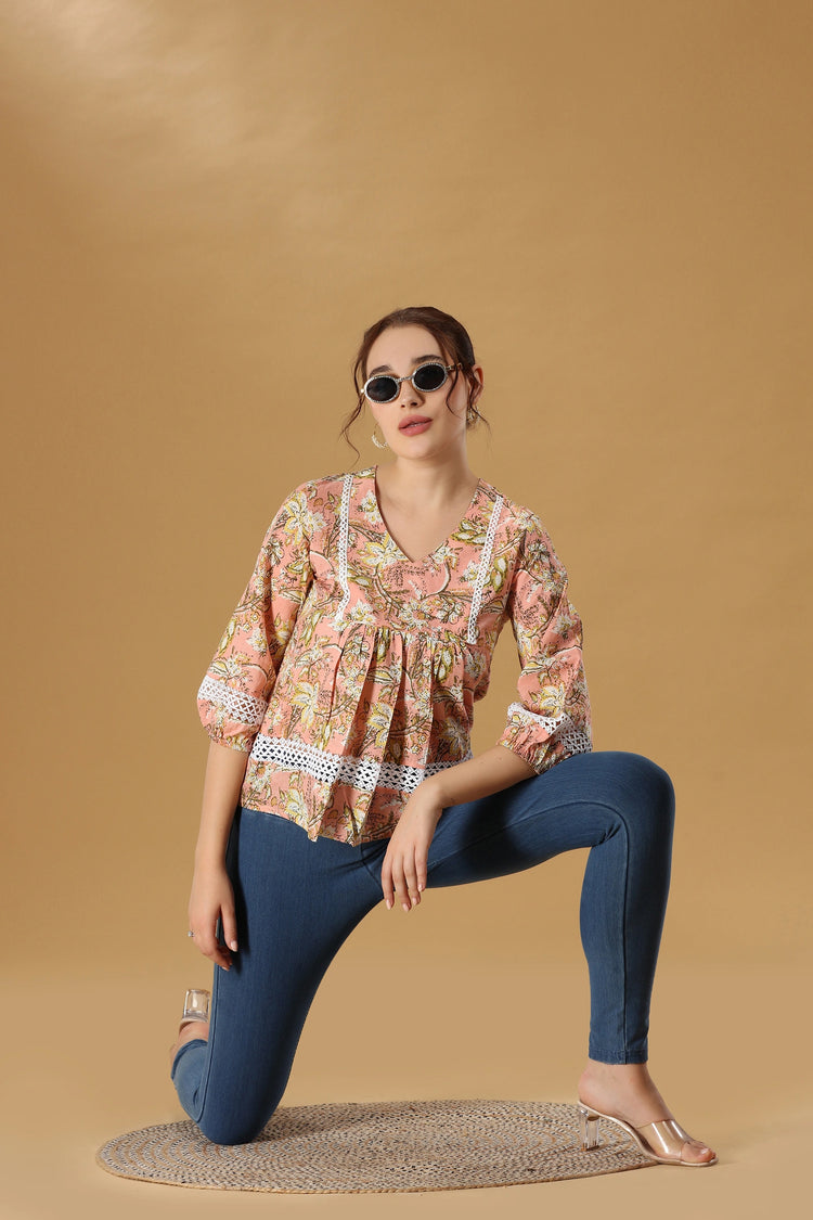 Peach Printed Jaipuri Cotton Flared Short kurta for women