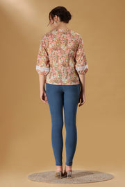 Peach Printed Jaipuri Cotton Flared Short kurta for women