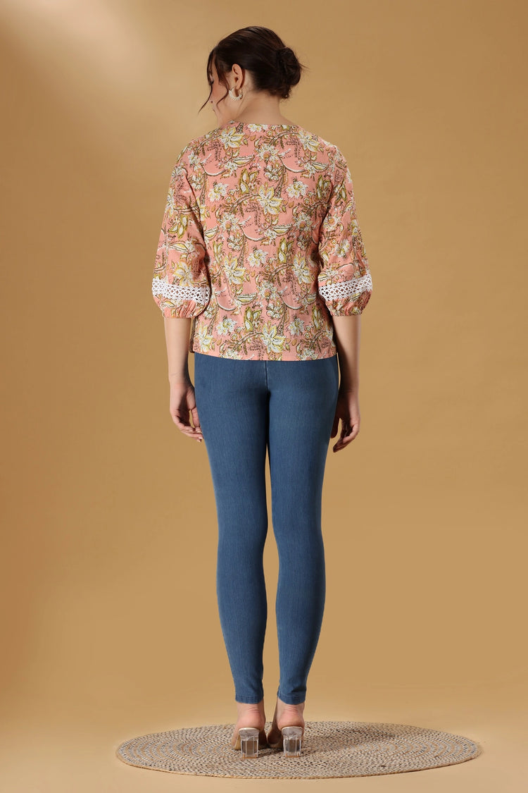 Peach Printed Jaipuri Cotton Flared Short kurta for women