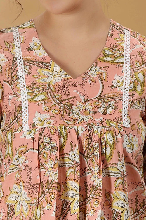 Peach Printed Jaipuri Cotton Flared Short kurta for women