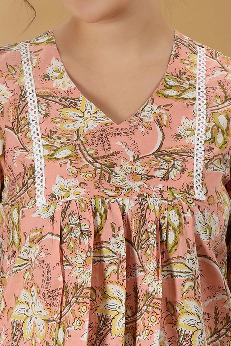 Peach Printed Jaipuri Cotton Flared Short kurta for women