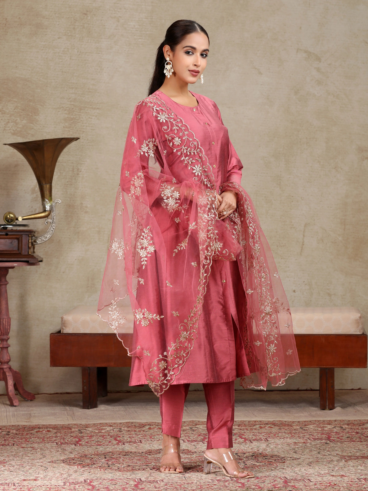 Peach Solid Anarkali Ethnic Set