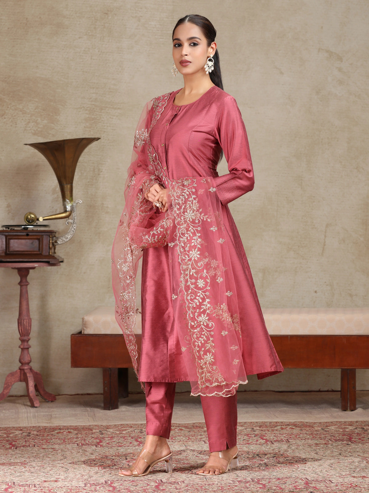 Peach Solid Anarkali Ethnic Set