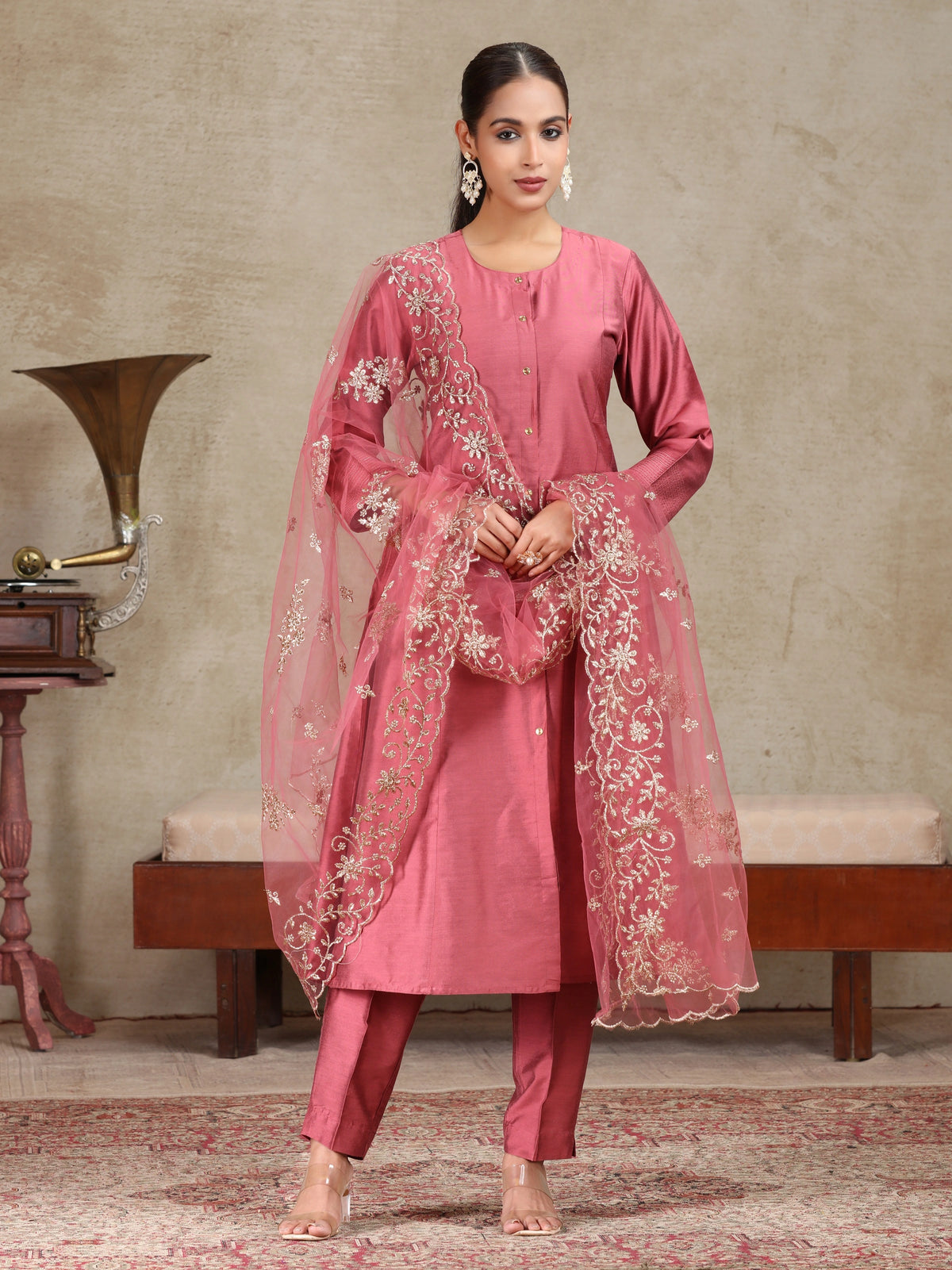 Peach Solid Anarkali Ethnic Set