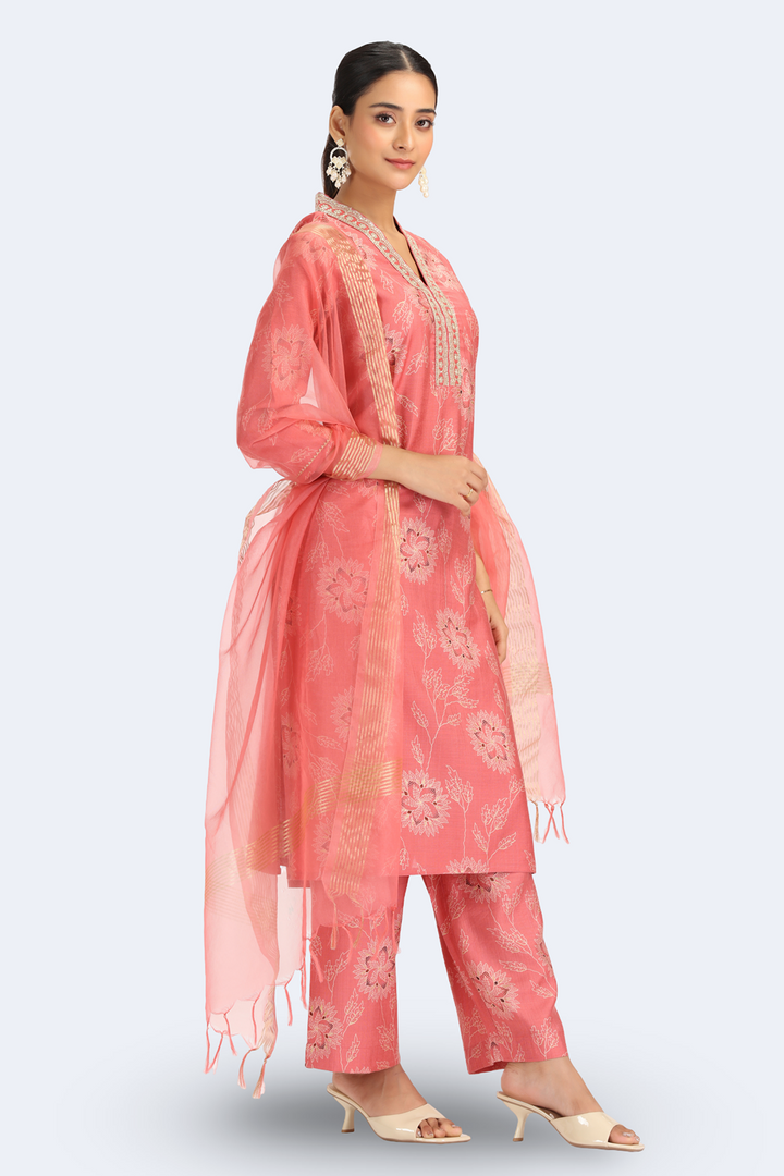 Peach Viscose Embroidered Straight Kurta Pant and Dupatta Suit Set