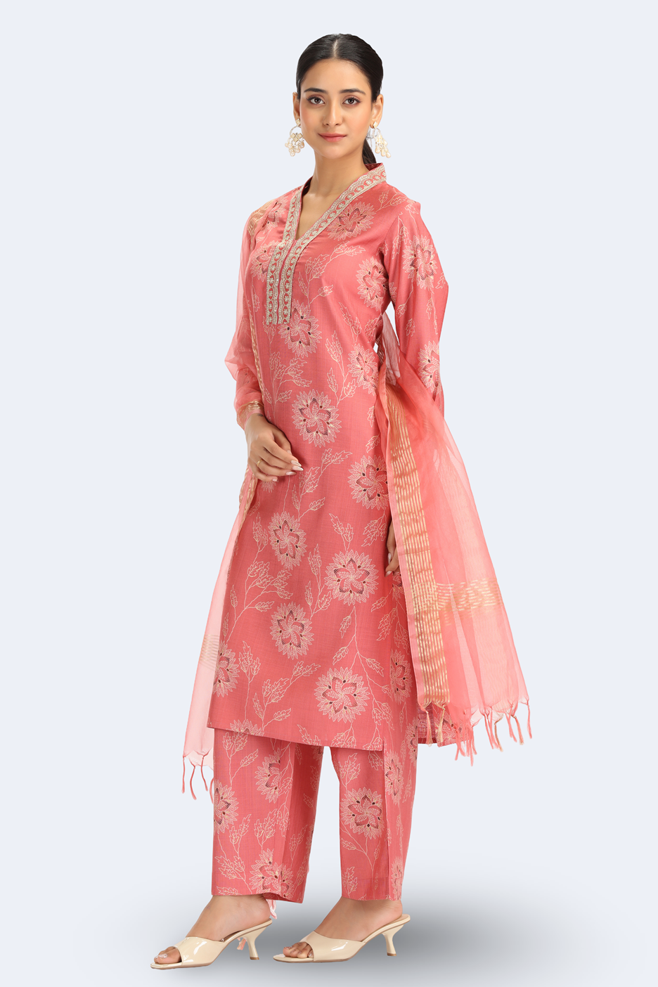 Peach Viscose Embroidered Straight Kurta Pant and Dupatta Suit Set