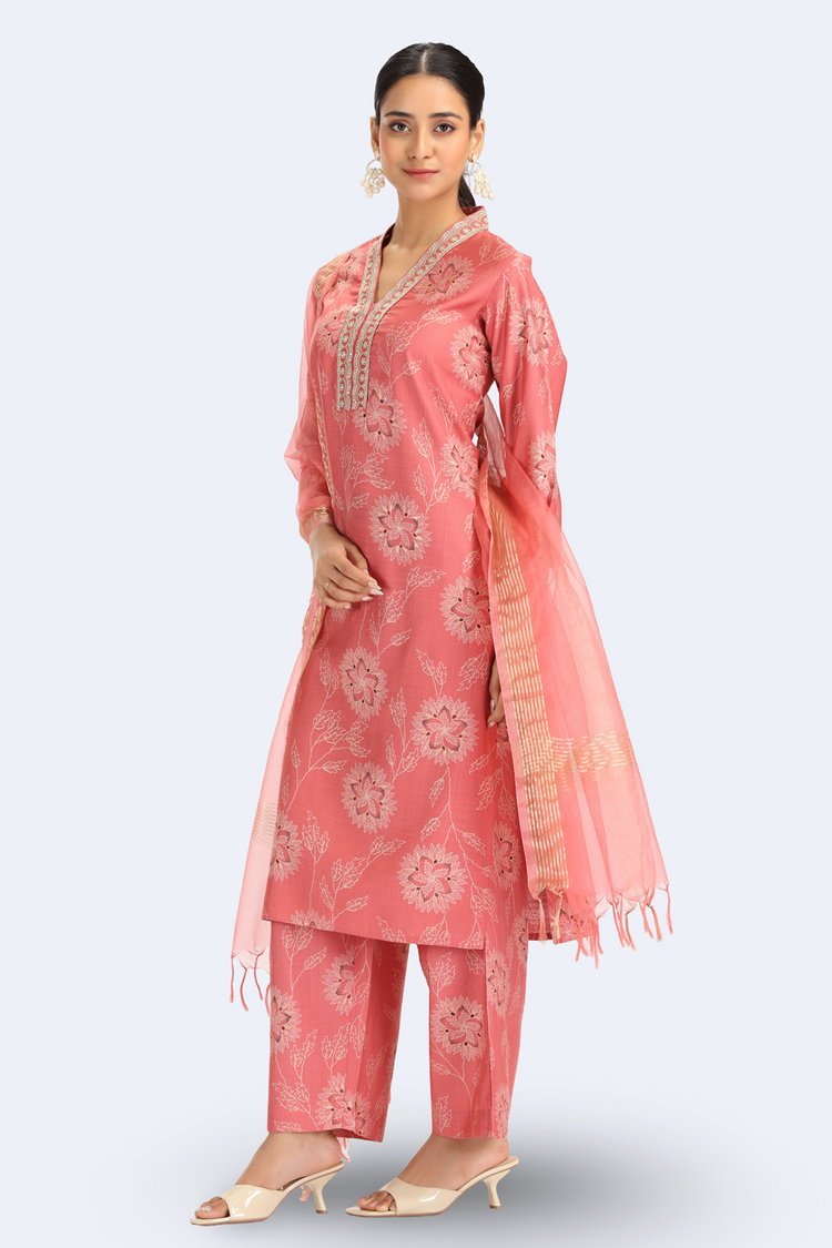 Peach Viscose Embroidered Straight Kurta Pant and Dupatta Suit Set