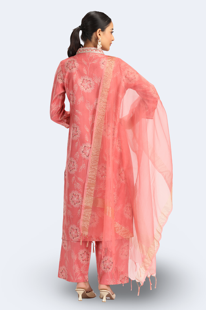 Peach Viscose Embroidered Straight Kurta Pant and Dupatta Suit Set