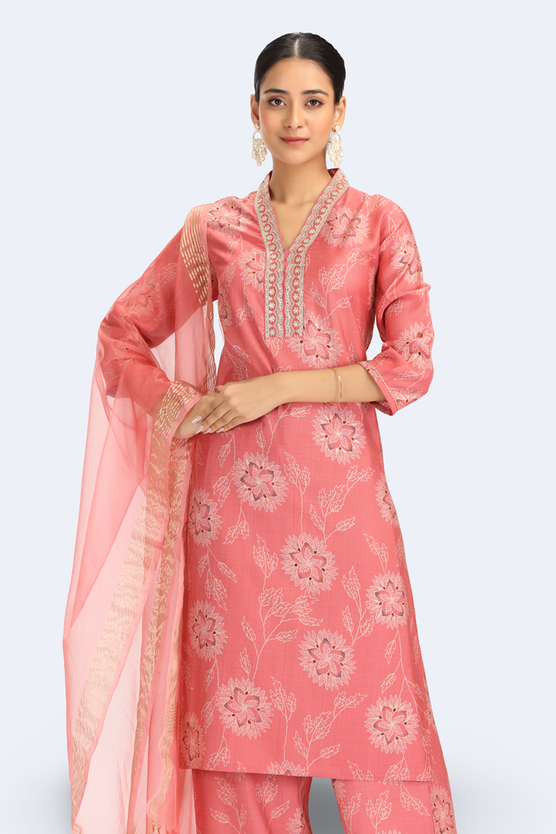 Peach Viscose Embroidered Straight Kurta Pant and Dupatta Suit Set