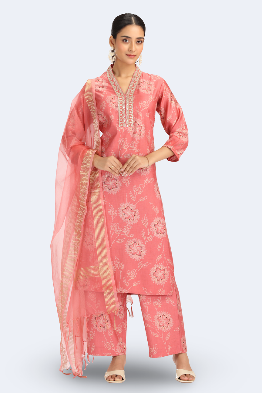 Peach Viscose Embroidered Straight Kurta Pant and Dupatta Suit Set