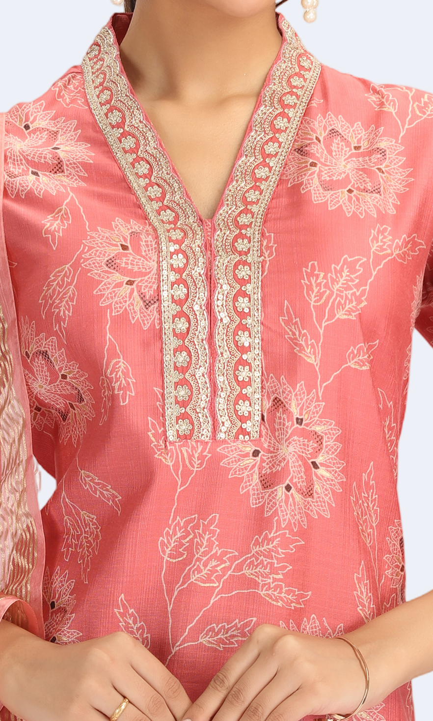 Peach Viscose Embroidered Straight Kurta Pant and Dupatta Suit Set