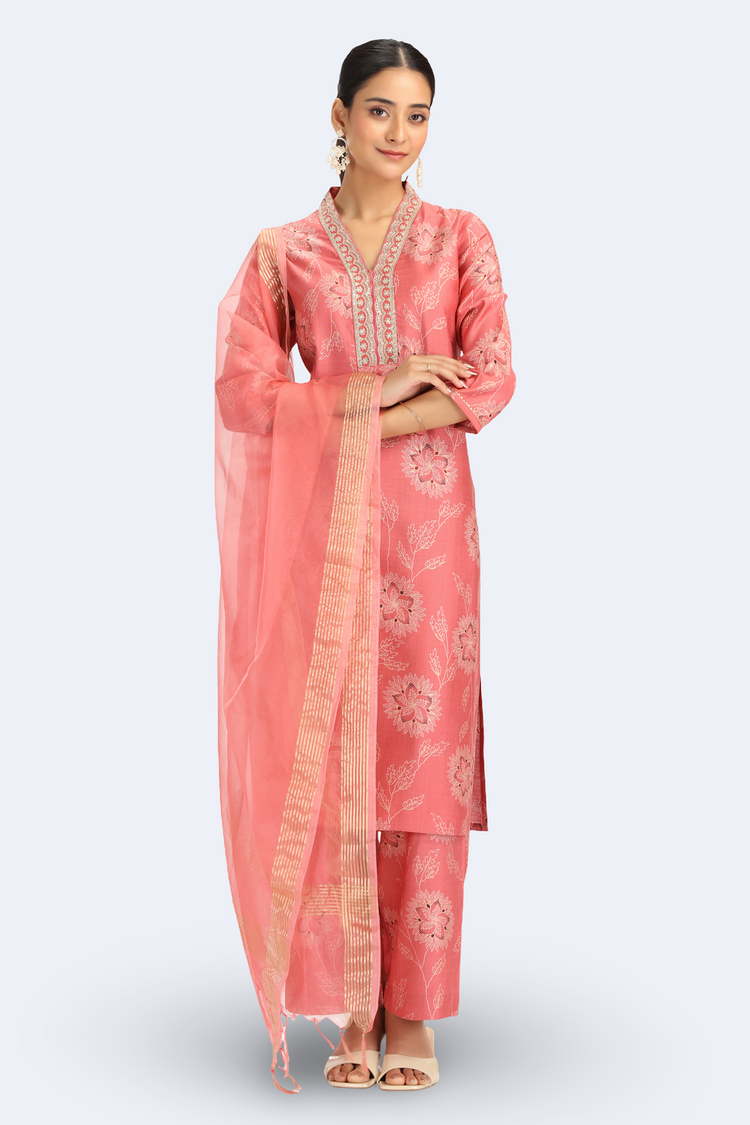 Peach Viscose Embroidered Straight Kurta Pant and Dupatta Suit Set