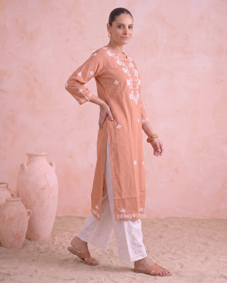 Peach Chikankari Straight Women's Kurta