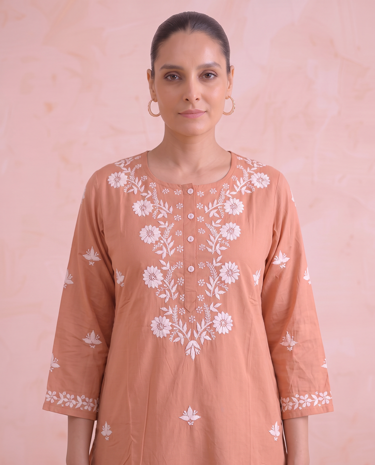 Peach Chikankari Straight Women's Kurta