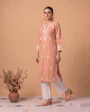 Peach Chikankari Women's Long Kurta