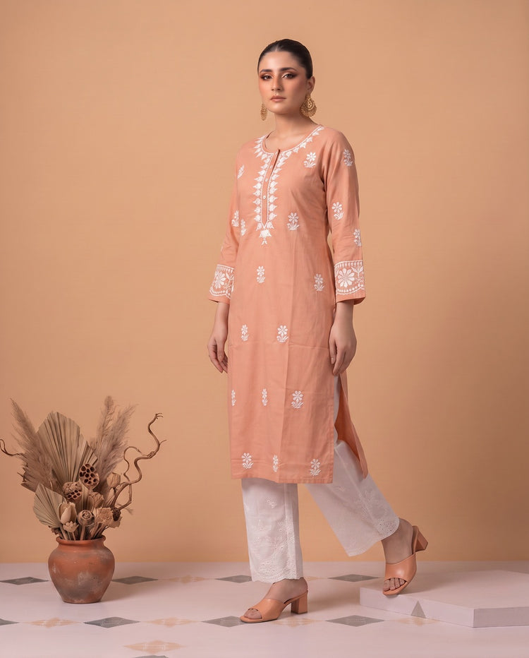 Peach Chikankari Women's Long Kurta
