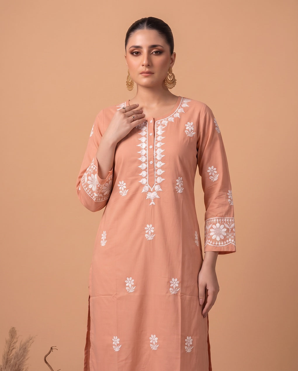 Peach Chikankari Women's Long Kurta