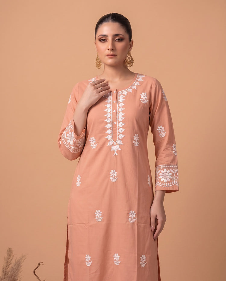 Peach Chikankari Women's Long Kurta