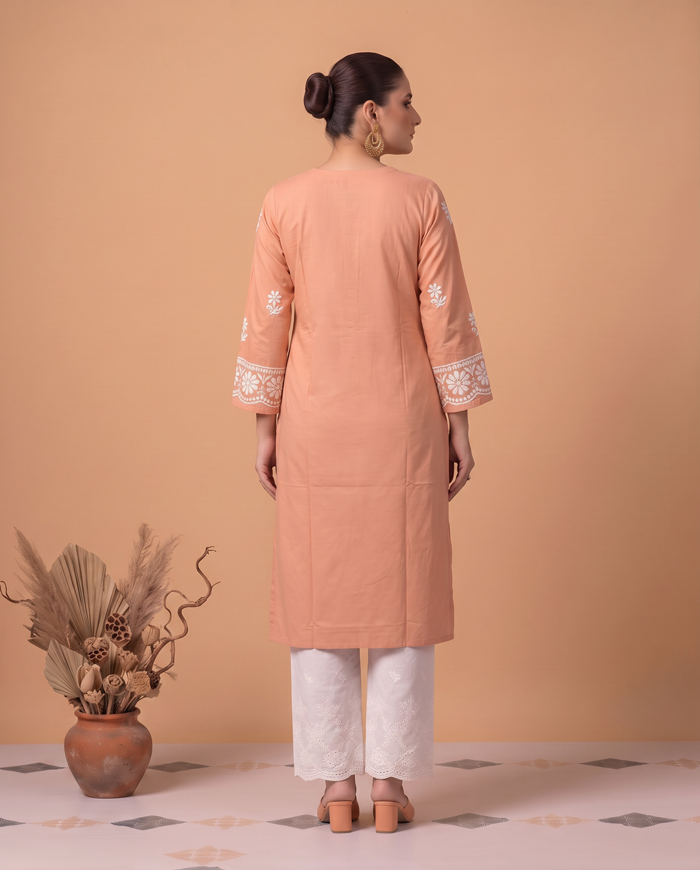 Peach Chikankari Women's Long Kurta