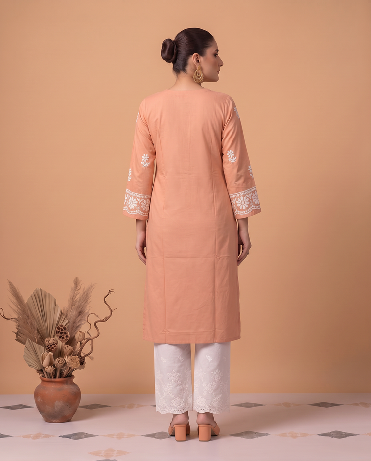 Peach Chikankari Women's Long Kurta