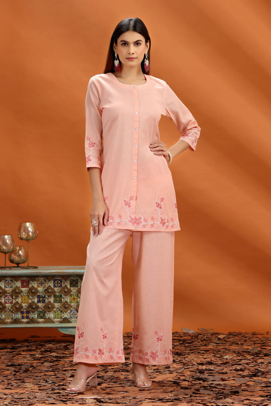 Peach Flex Cotton Straight Embroidered Kurta and Pant Set for women and girls