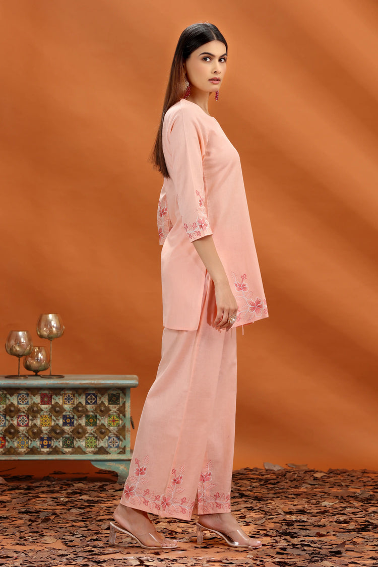 Peach Flex Cotton Straight Embroidered Kurta and Pant Set for women and girls