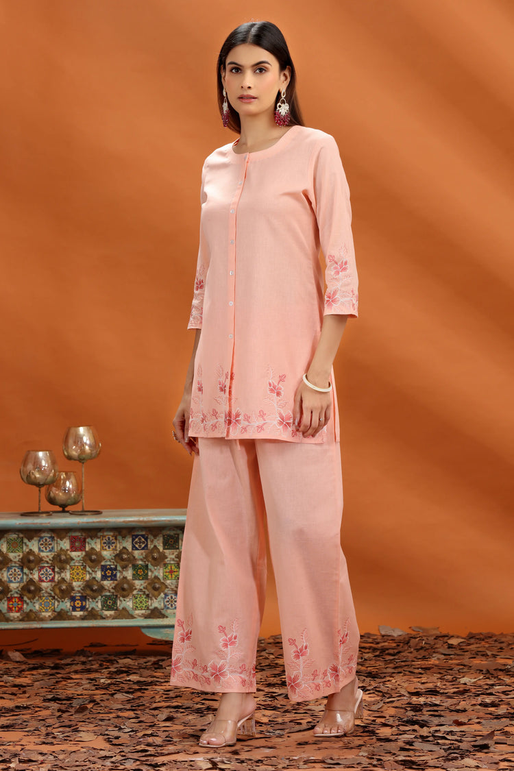 Peach Flex Cotton Straight Embroidered Kurta and Pant Set for women and girls