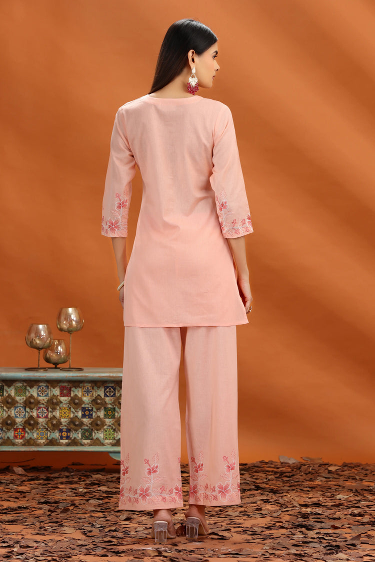 Peach Flex Cotton Straight Embroidered Kurta and Pant Set for women and girls