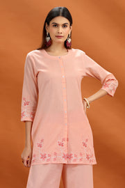 Peach Flex Cotton Straight Embroidered Kurta and Pant Set for women and girls