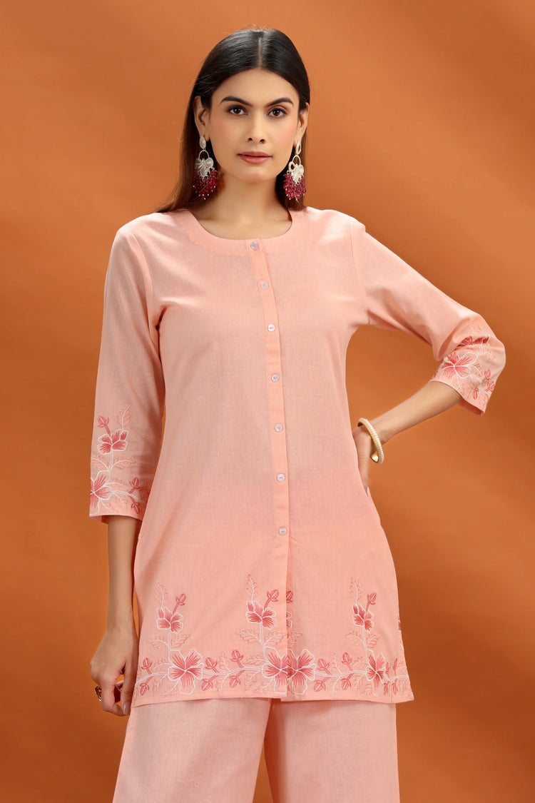 Peach Flex Cotton Straight Embroidered Kurta and Pant Set for women and girls