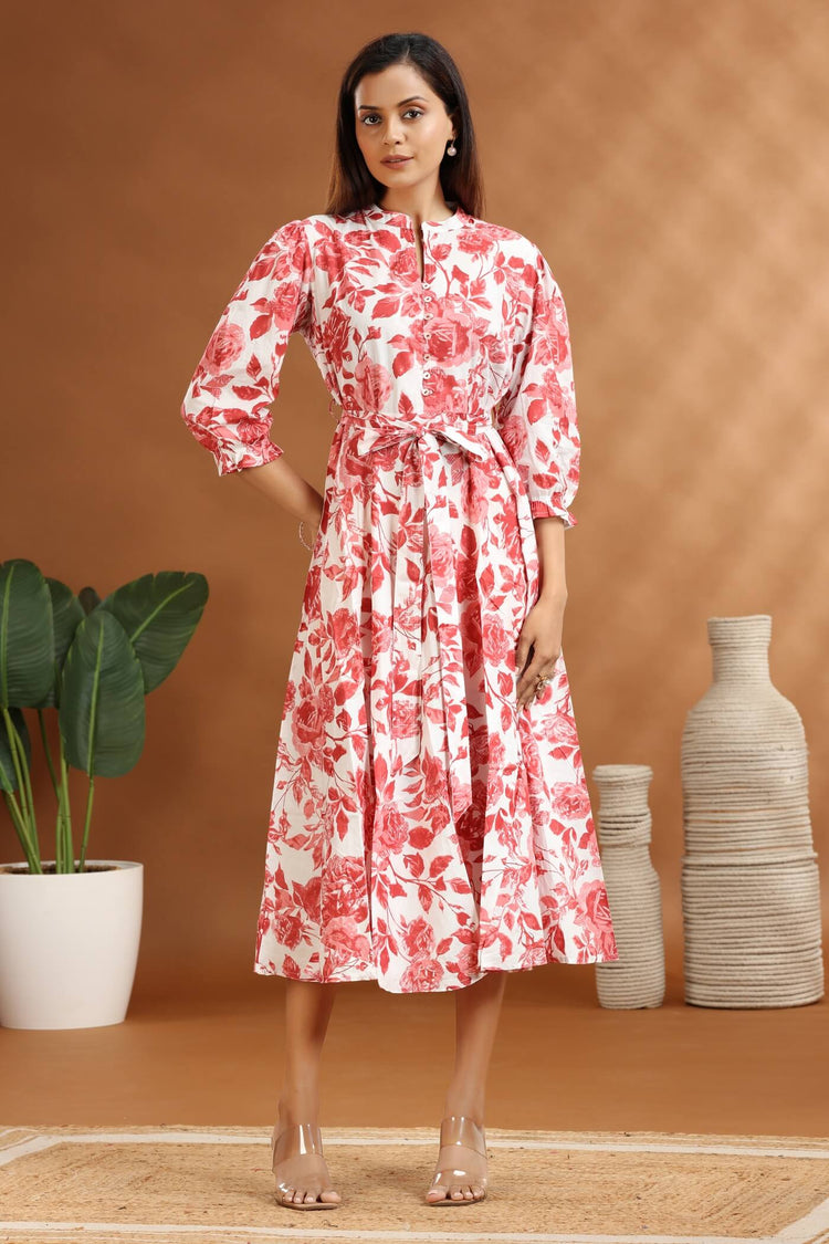 Peach Floral Print Cotton A-Line Midi Dress