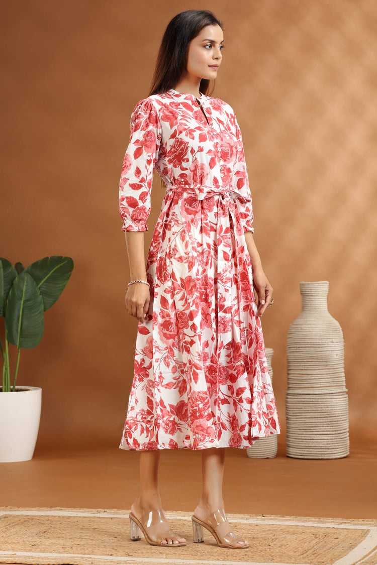 Peach Floral Print Cotton A-Line Midi Dress