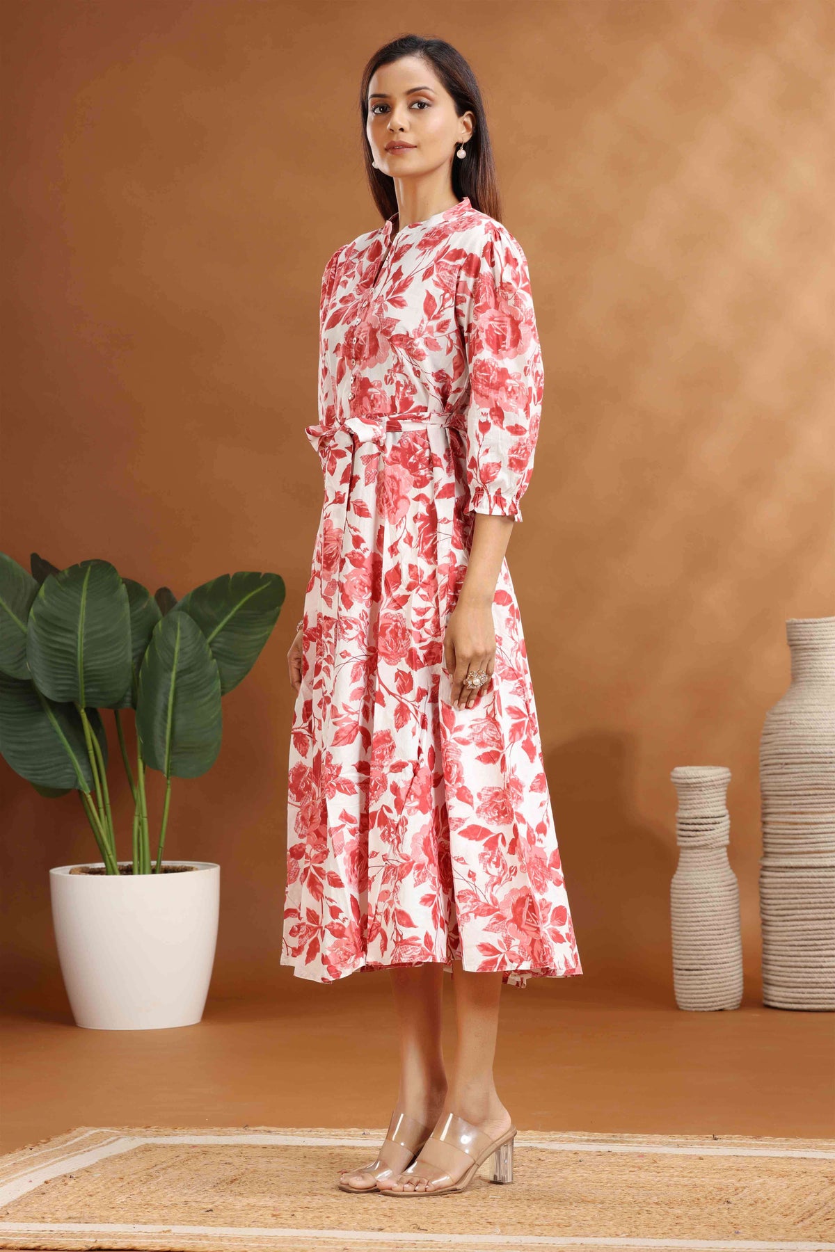 Peach Floral Print Cotton A-Line Midi Dress