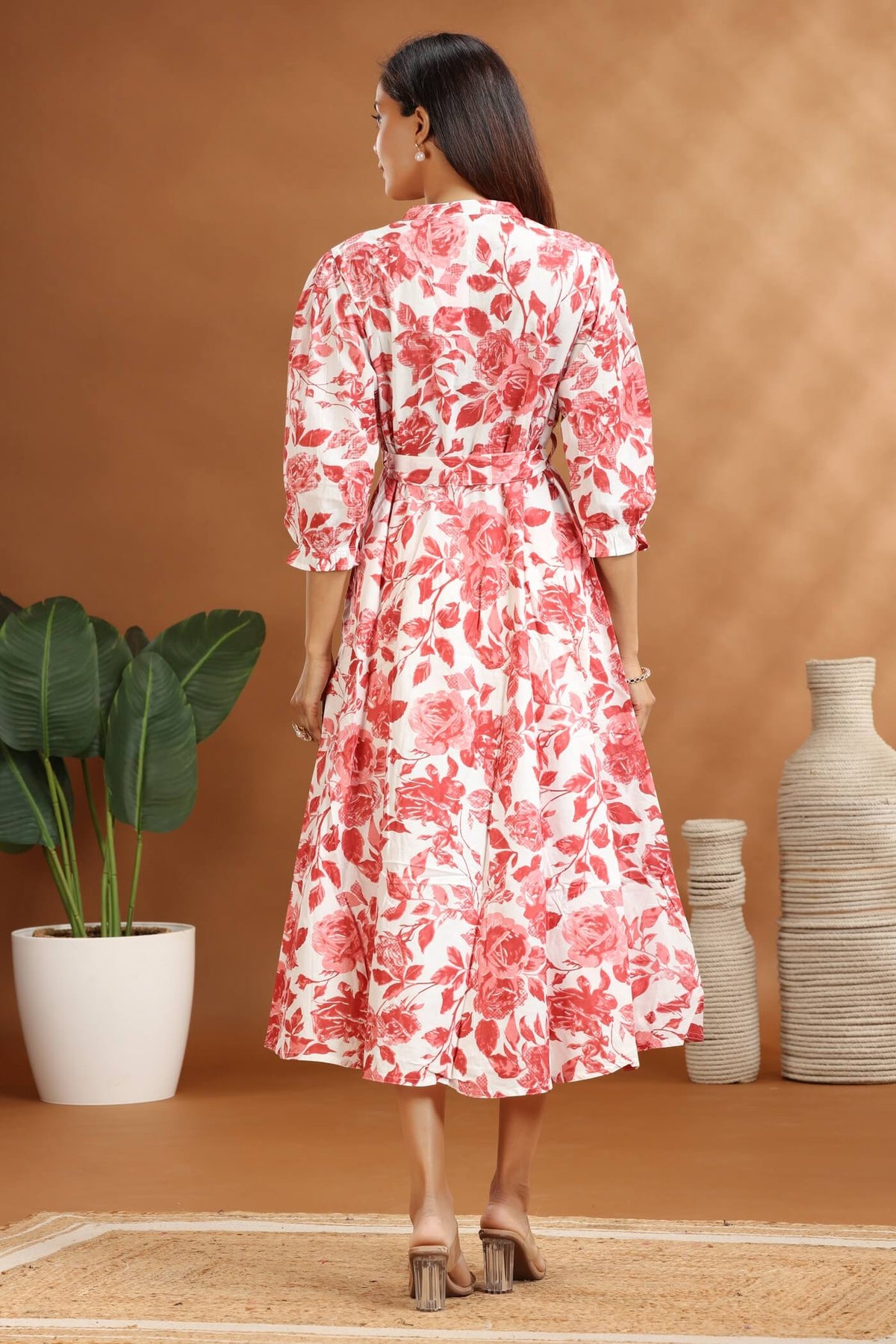 Peach Floral Print Cotton A-Line Midi Dress