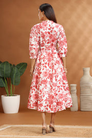 Peach Floral Print Cotton A-Line Midi Dress
