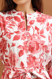 Peach Floral Print Cotton A-Line Midi Dress