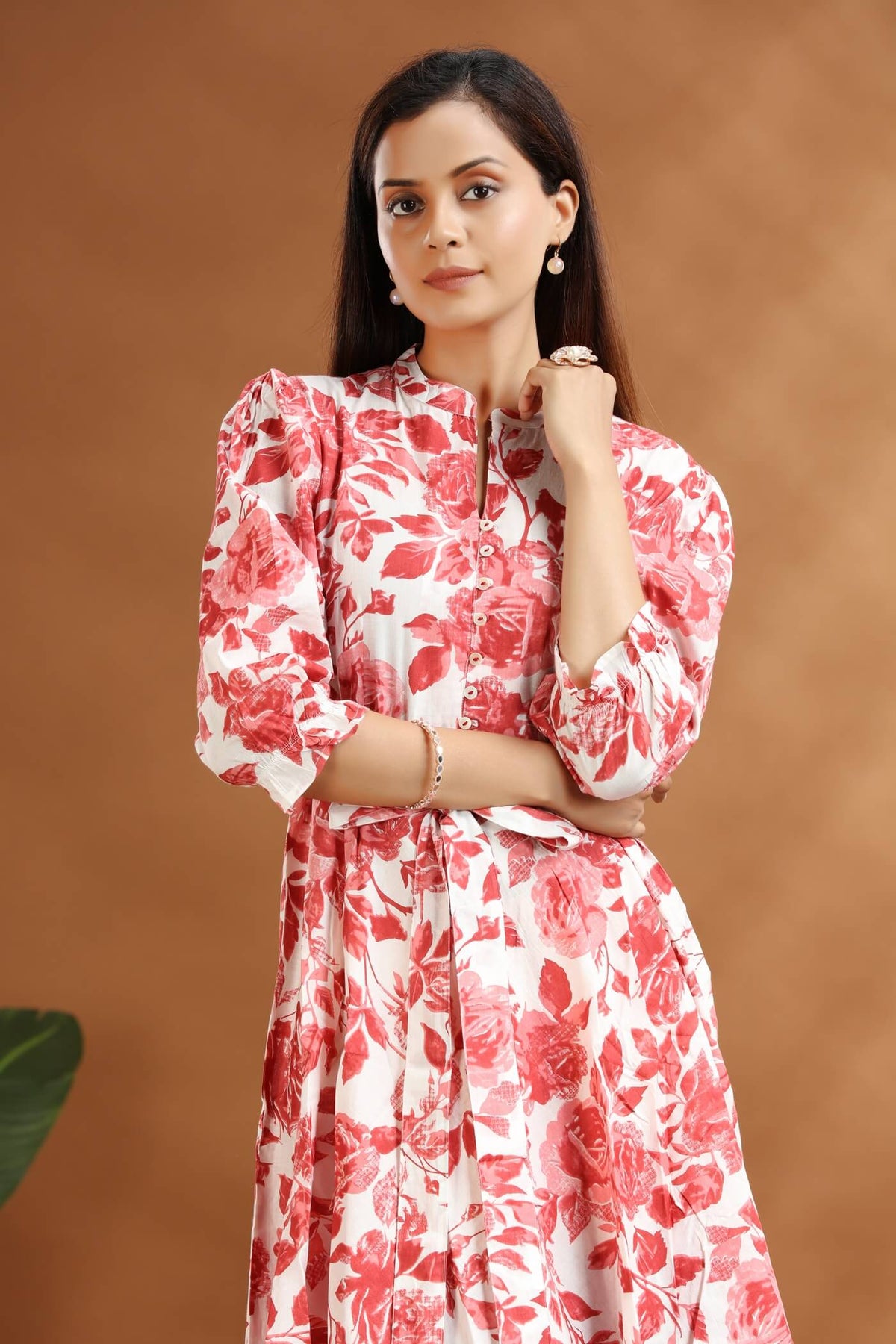 Peach Floral Print Cotton A-Line Midi Dress