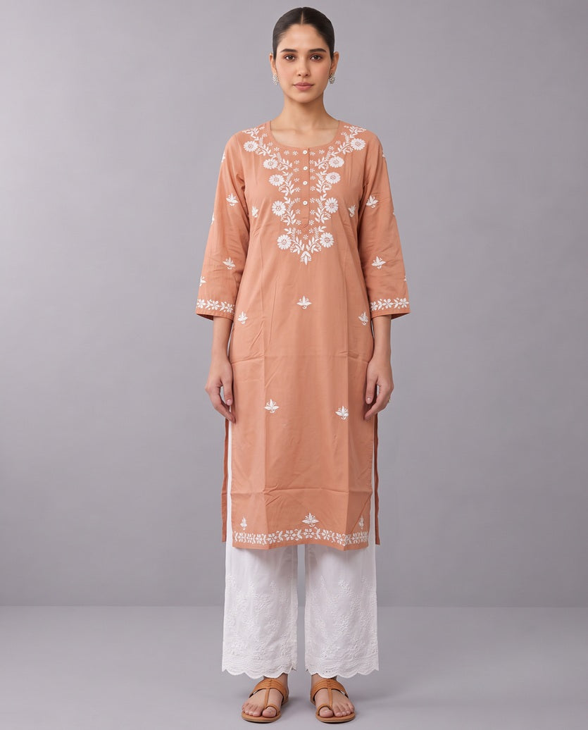 Peach Chikankari Straight Women's Kurta