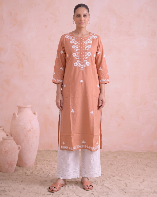 Peach Chikankari Straight Women's Kurta