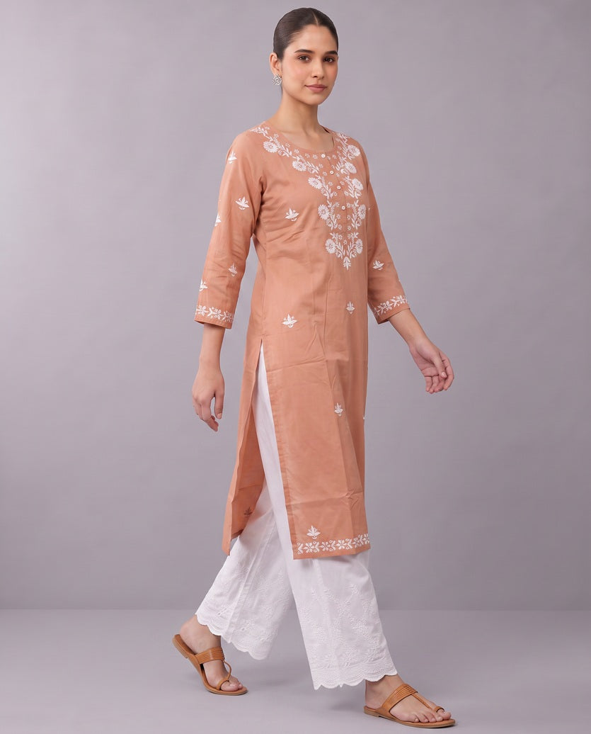 Peach Chikankari Straight Women's Kurta
