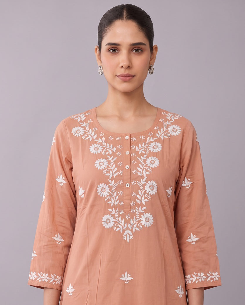 Peach Chikankari Straight Women's Kurta